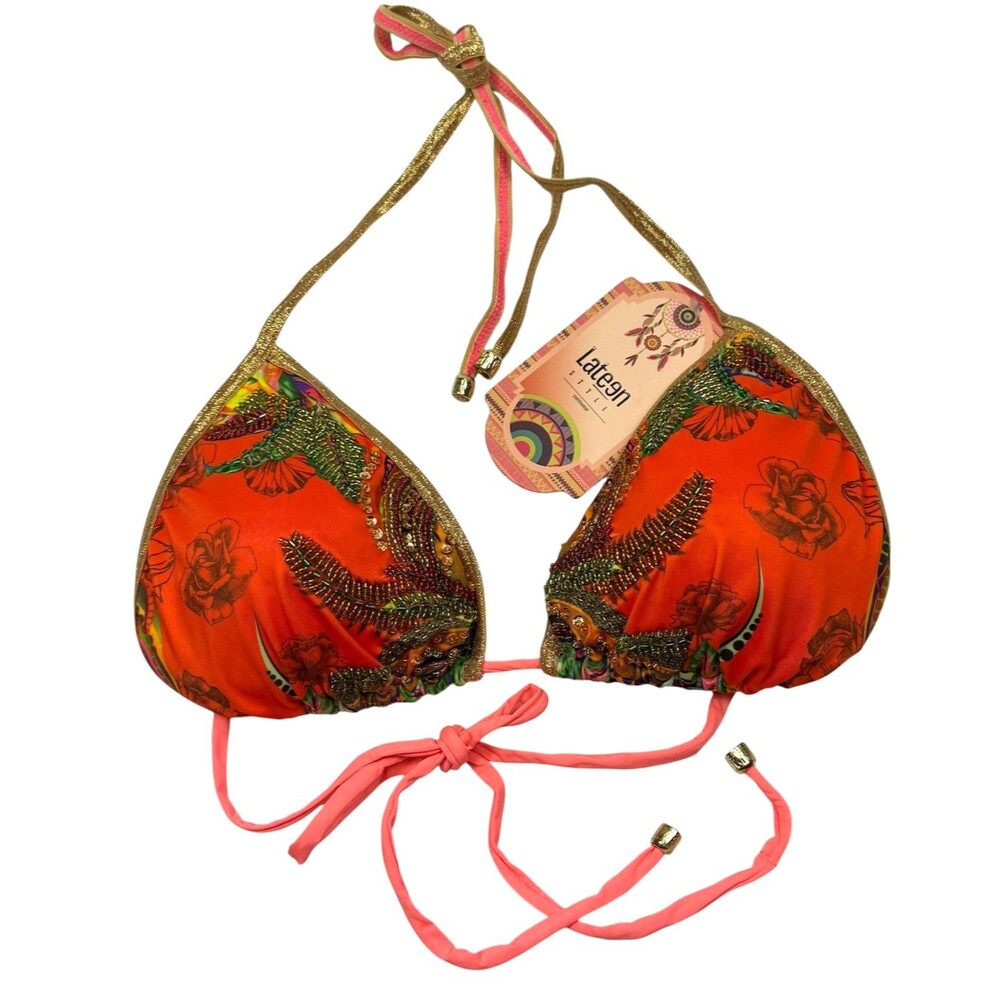 Lateen Triangle String Bikini Top Large NWT Red Bead Embellished Rose Pool Party